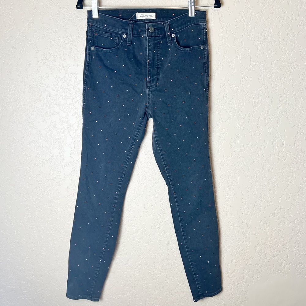 Madewell 10” high rise skinny black distressed polka dot jeans